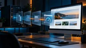 Capas de caché entre un servidor y una página web mostrada en un monitor