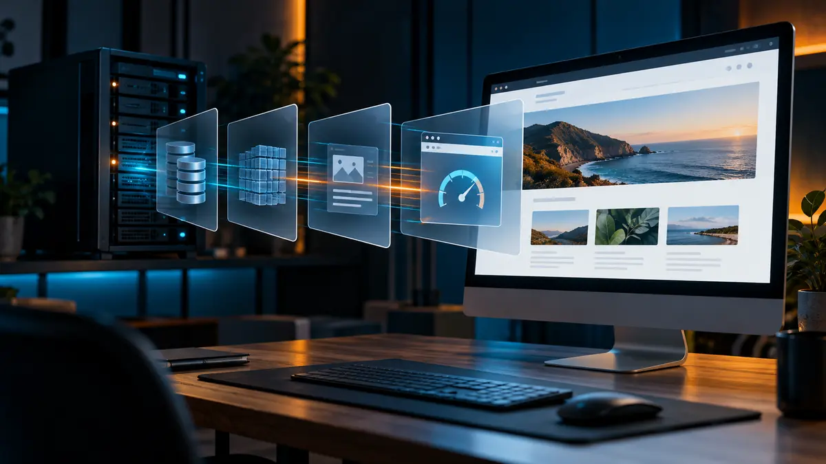 Capas de caché entre un servidor y una página web mostrada en un monitor