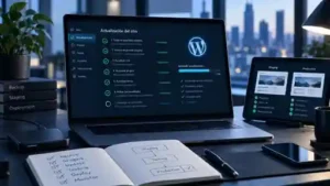Portátil en un escritorio tecnológico mostrando un proceso seguro de actualización de WordPress con backup, staging, pruebas y despliegue