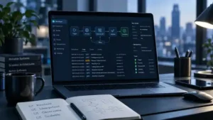 Portátil en un escritorio tecnológico mostrando un flujo de automatización con reintentos, trazabilidad e idempotencia