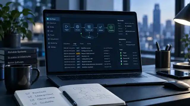 Portátil en un escritorio tecnológico mostrando un flujo de automatización con reintentos, trazabilidad e idempotencia
