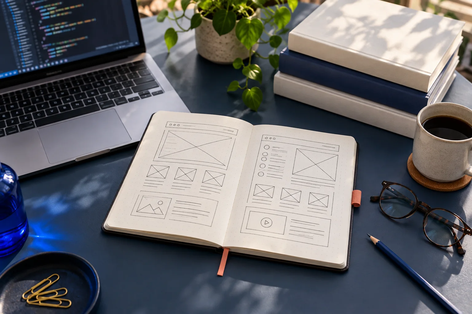 Composición ilustrativa de un cuaderno con bocetos web, libros y un portátil con código