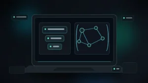 Ilustración tecnológica de un portátil con bloques de datos y nodos conectados para explicar Schema y datos estructurados en WordPress