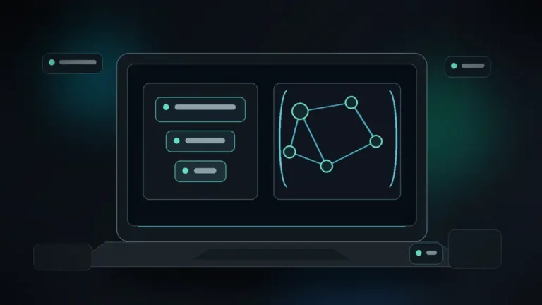 Ilustración tecnológica de un portátil con bloques de datos y nodos conectados para explicar Schema y datos estructurados en WordPress