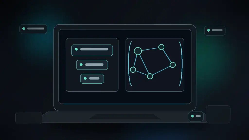Ilustración tecnológica de un portátil con bloques de datos y nodos conectados para explicar Schema y datos estructurados en WordPress