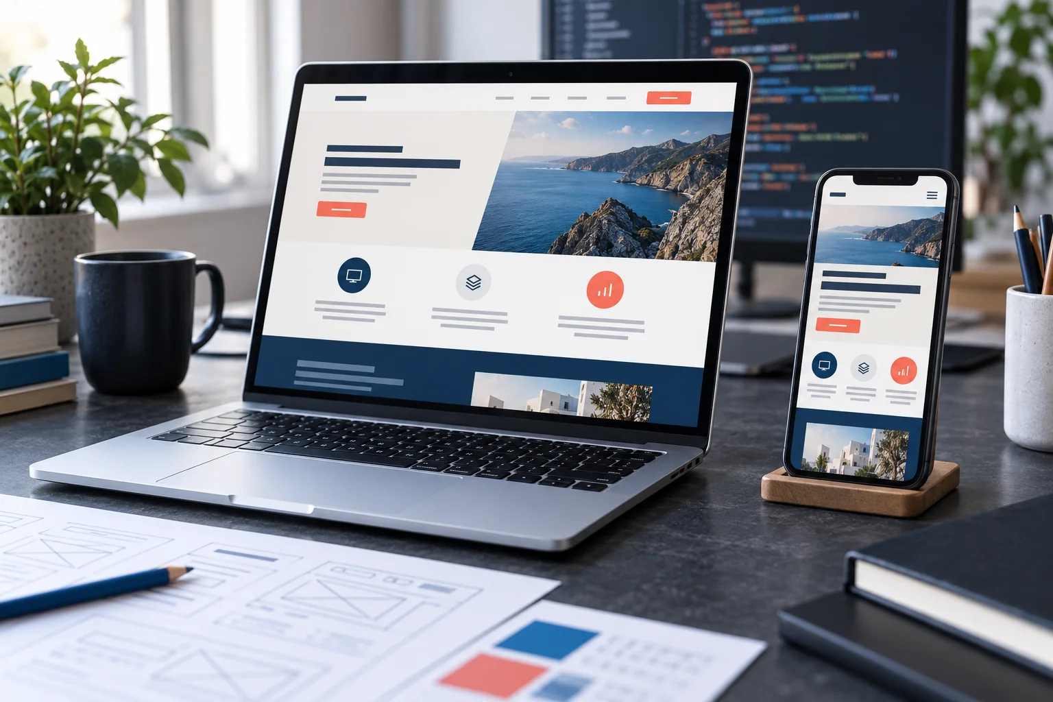 Composición ilustrativa de una web adaptada a portátil y móvil junto a bocetos de diseño