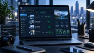 Portátil en un escritorio tecnológico mostrando la optimización de imágenes en WordPress, formatos responsive y rendimiento