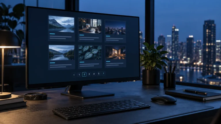 Composición ilustrativa de un monitor con tarjetas de artículos y navegación numerada en un escritorio tecnológico.