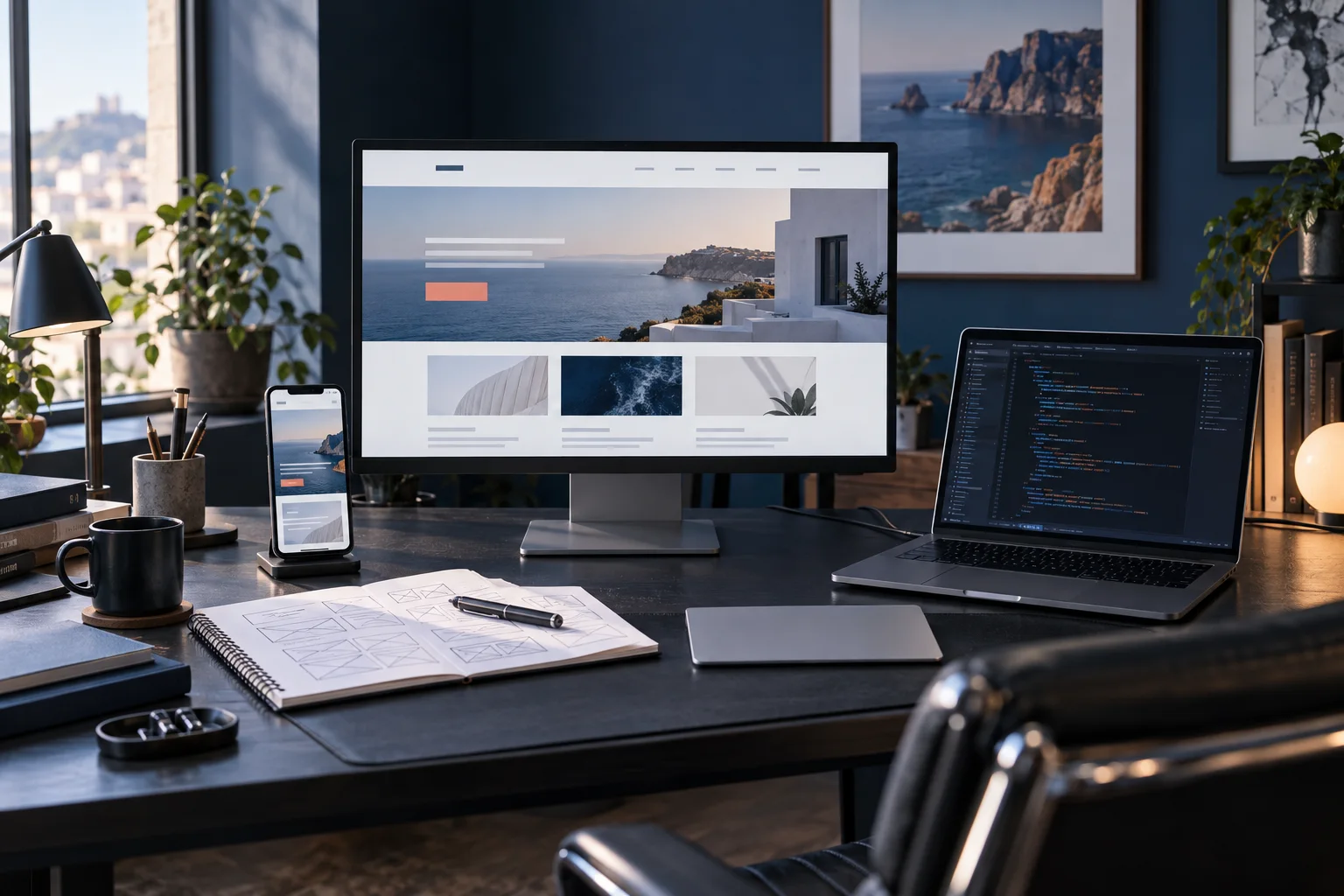 Composición ilustrativa de un escritorio con una web en monitor y móvil, código en un portátil y bocetos de diseño