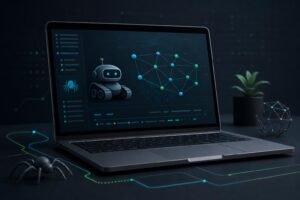 Ilustración tecnológica de un portátil con una interfaz abstracta de rastreo web para explicar robots.txt en WordPress