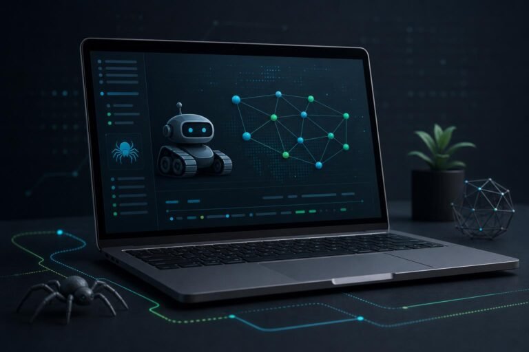 Ilustración tecnológica de un portátil con una interfaz abstracta de rastreo web para explicar robots.txt en WordPress