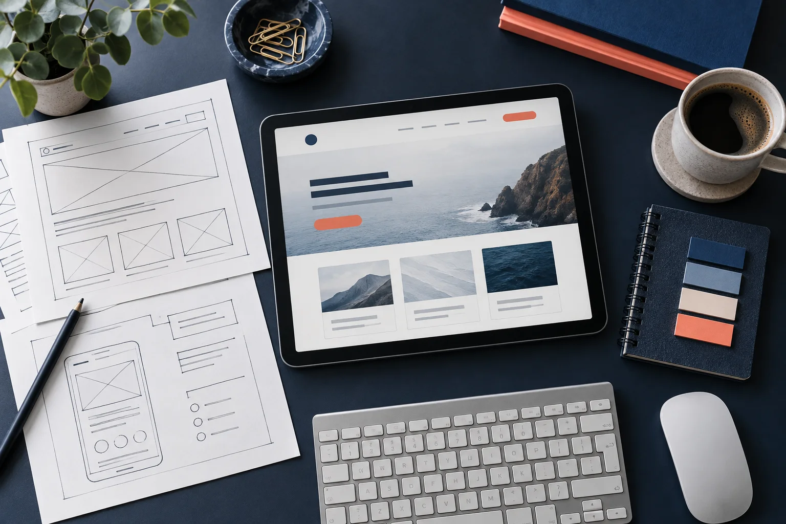 Composición ilustrativa de una tableta con un diseño web y bocetos de arquitectura sobre un escritorio
