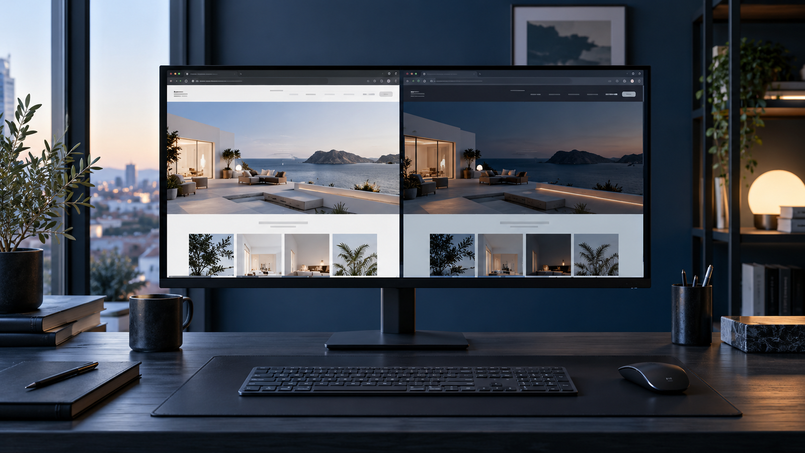Dos versiones de un sitio WordPress representando producción y staging en un escritorio profesional