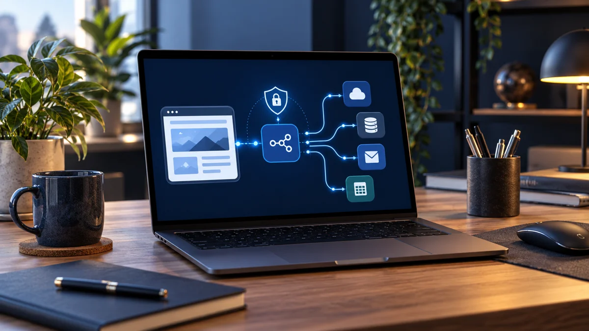 Portátil con un esquema visual de automatización segura entre una web y servicios externos