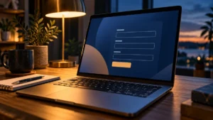 Portátil con un formulario de tres campos y teclado sobre un escritorio iluminado