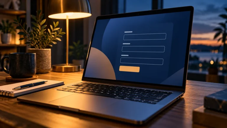 Portátil con un formulario de tres campos y teclado sobre un escritorio iluminado