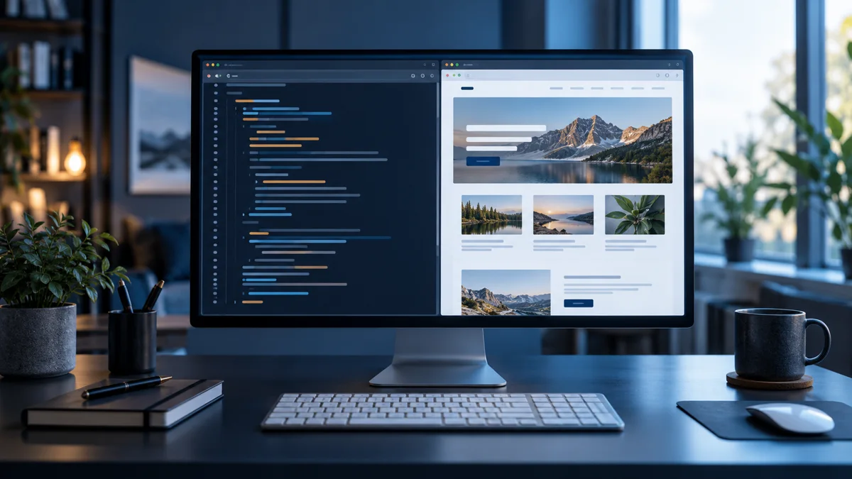 Monitor con código y una página web representados en dos paneles.