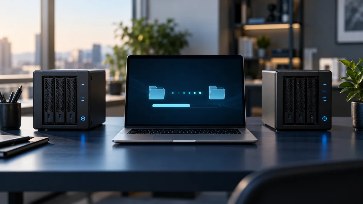 Portátil entre dos servidores con una transferencia de archivos en pantalla.