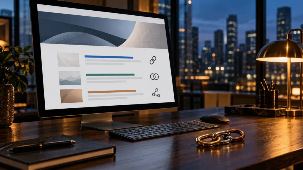 Monitor con una página web y eslabones metálicos sobre una mesa de trabajo