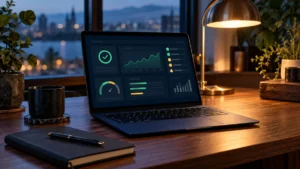 Portátil con indicadores de diagnóstico y avisos sobre un escritorio profesional