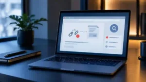 Portátil con aviso de enlace roto y análisis de una página web, representación de un error soft 404