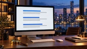 Monitor con una representación de títulos y descripciones de resultados de búsqueda