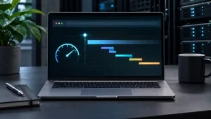 Portátil mostrando una línea temporal de rendimiento y un velocímetro junto a servidores, representación del TTFB en WordPress